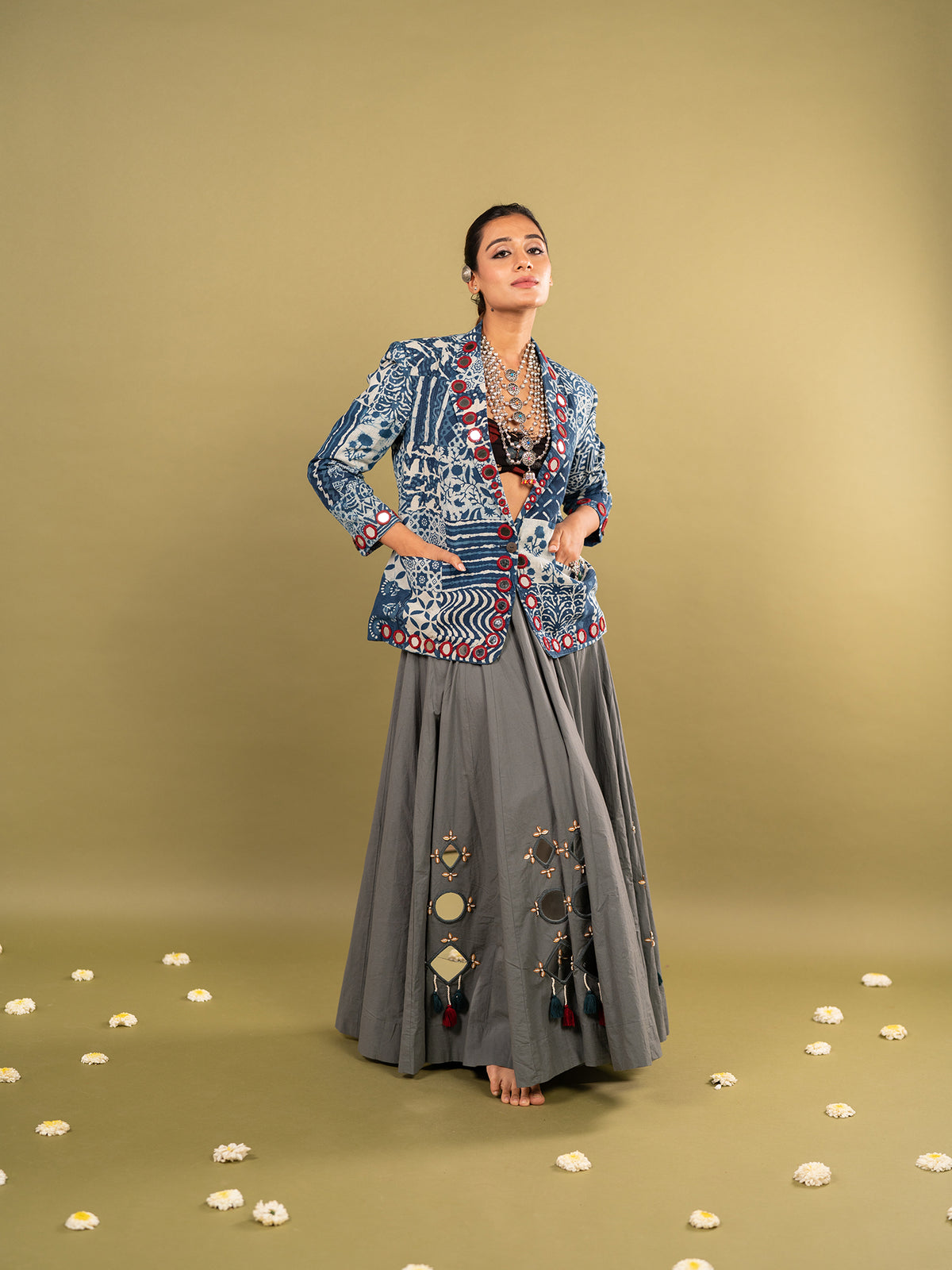 Indi-Grey Kutchi Chaniya Choli with Blazer