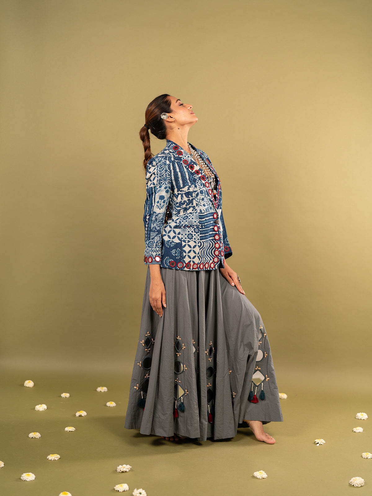 Indi-Grey Kutchi Chaniya Choli with Blazer