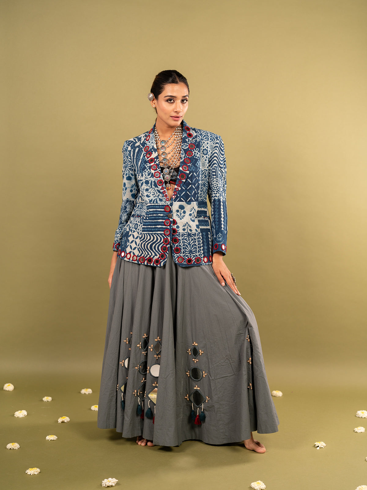 Indi-Grey Kutchi Chaniya Choli with Blazer