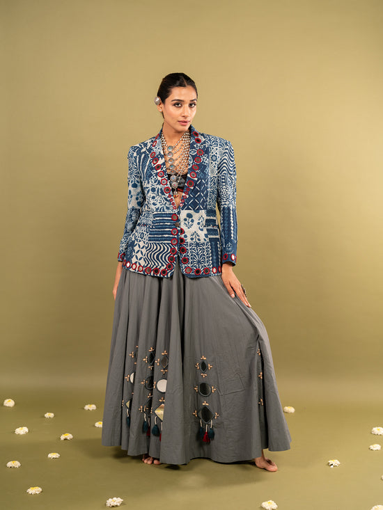 Indi-Grey Kutchi Chaniya Choli with Blazer