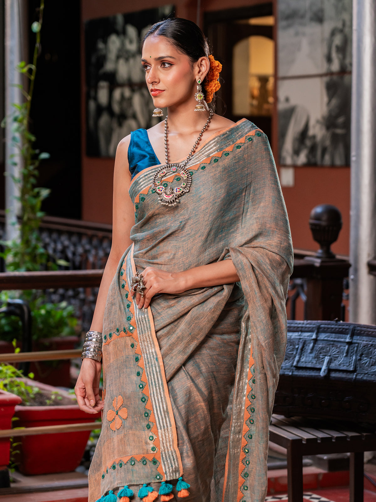 Regal Silver-Dust Linen Saree