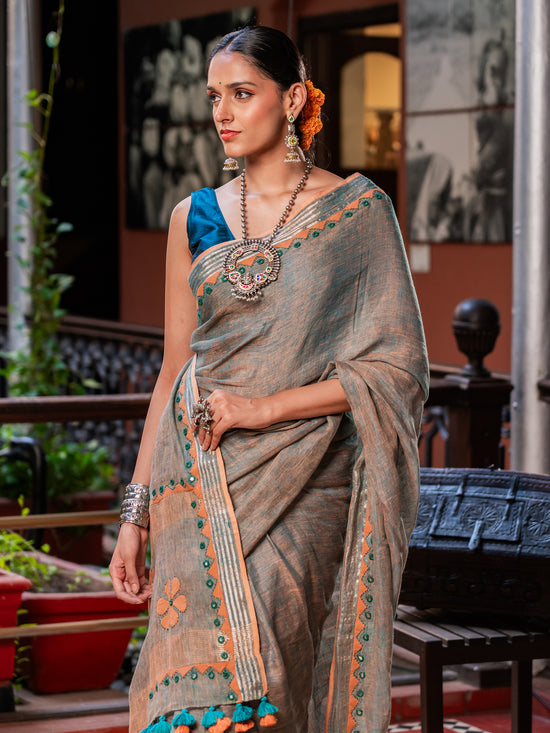 Regal Silver-Dust Linen Saree