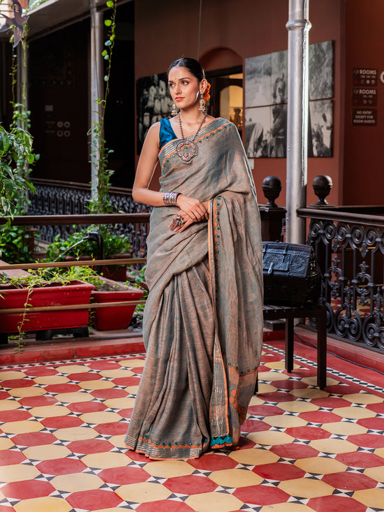 Regal Silver-Dust Linen Saree