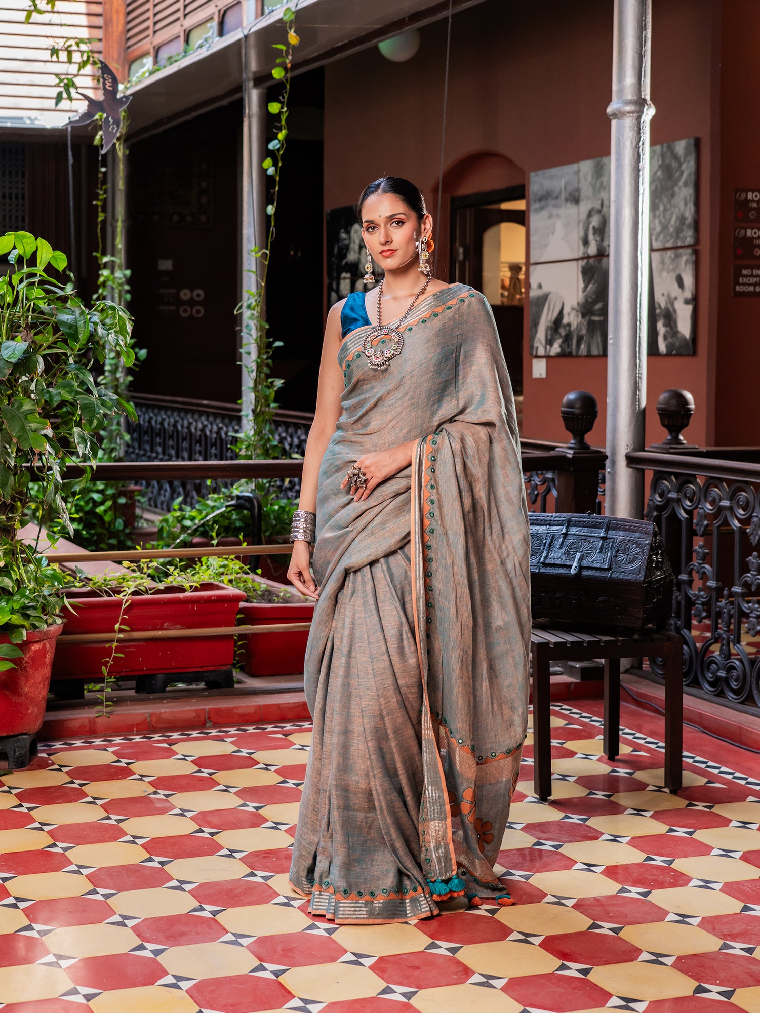 Regal Silver-Dust Linen Saree