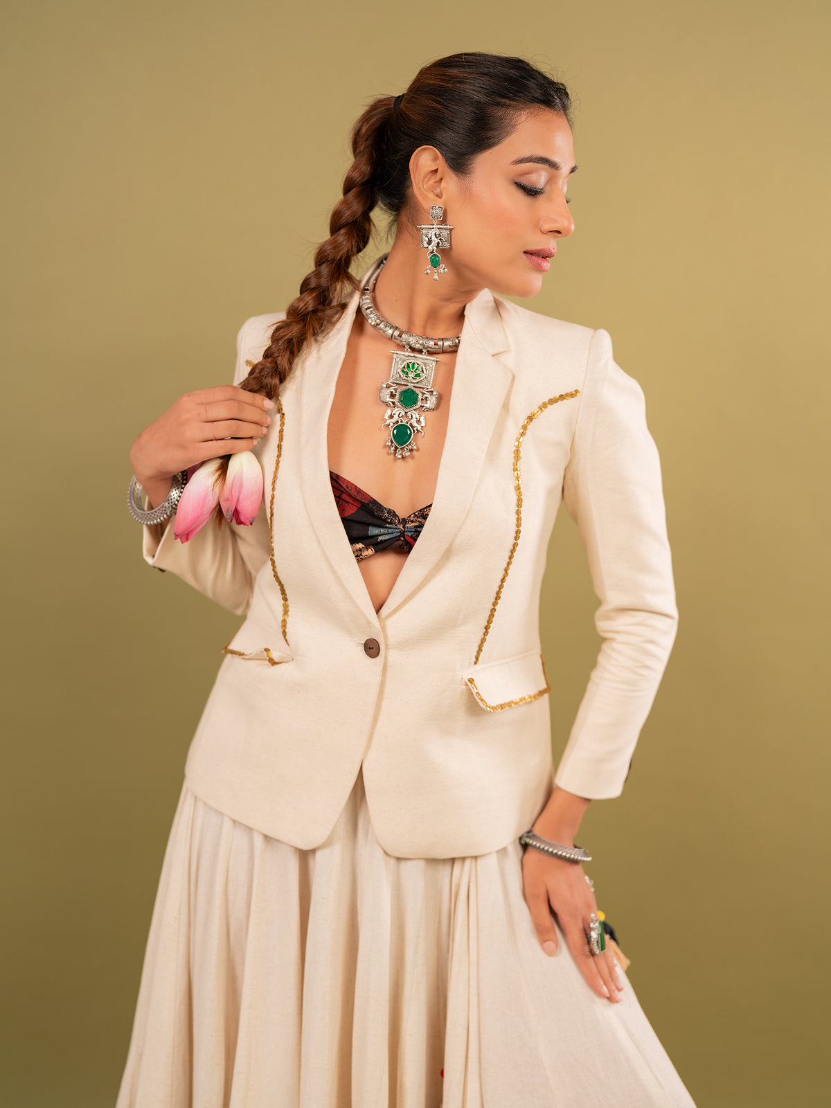 Heritage Fusion Ivory Chaniya Choli with Blazer