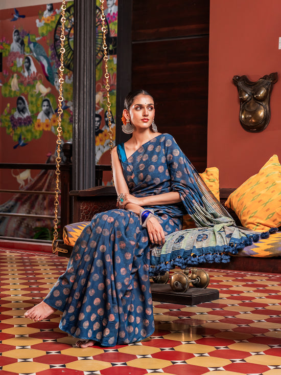 Shahi Indigo Medallion Pure Cotton Saree