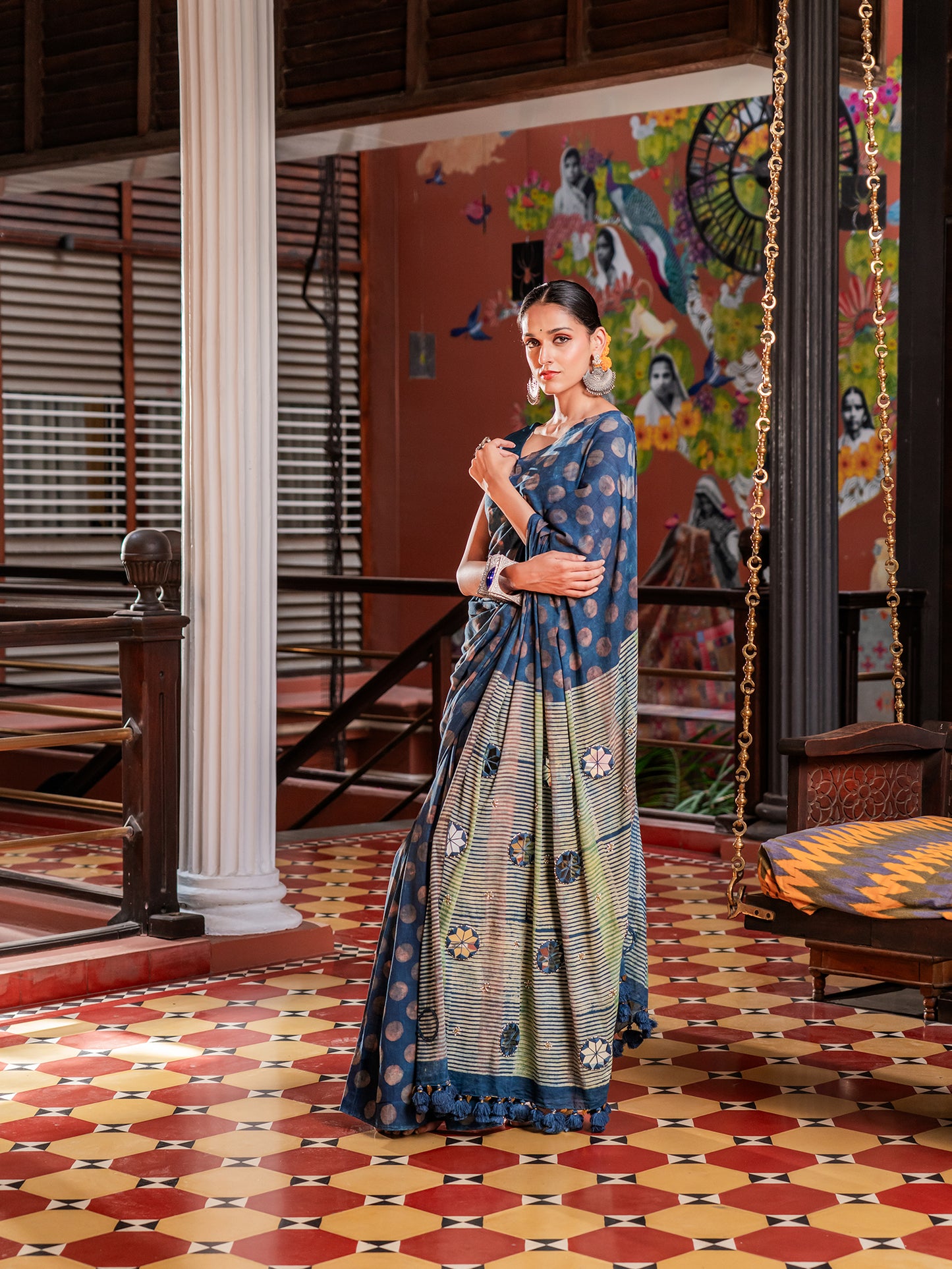 Shahi Indigo Medallion Pure Cotton Saree