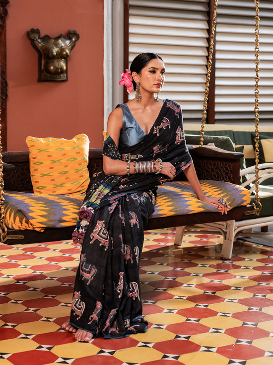 Black Pichwai-Art Motif Mul Cotton Saree