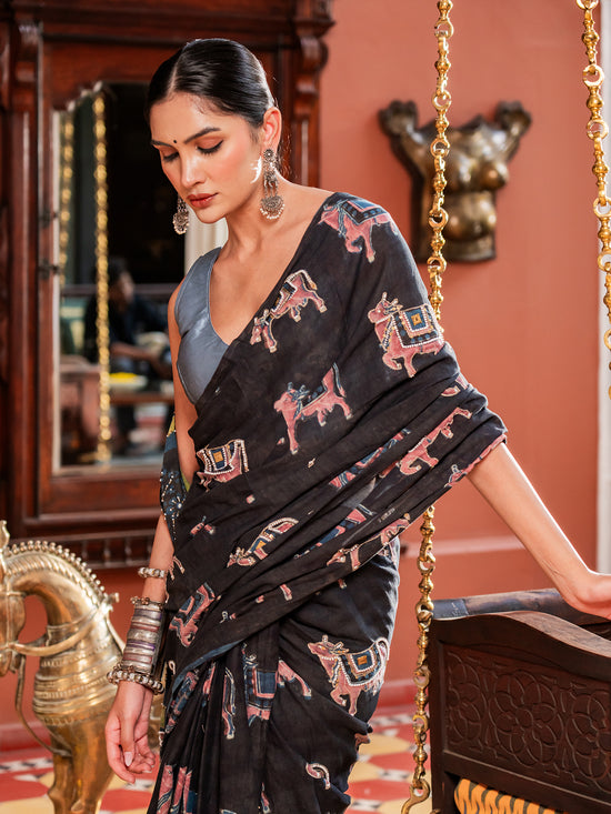 Black Pichwai-Art Motif Mul Cotton Saree